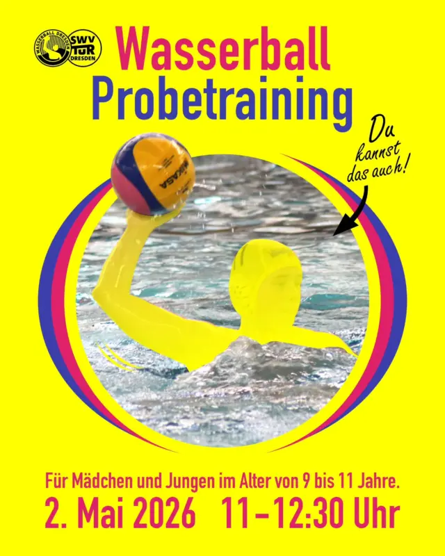 🤽 Wir laden an diesem Samstag, dem 2. Mai 2026, alle interessierten Mädchen und Jungen zwischen 9 und 11 Jahren ein, in die Schwimmhalle Freiberger Platz zu kommen und Wasserball auszuprobieren.
Einzige Voraussetzungen: Ihr müsst schon sicher schwimmen können und Lust auf eine Mannschaftssportart im Wasser haben.
Schnapp dir eine Freundin oder einen Freund und sei dabei!
#Wasserball #Probetraining #Dresden