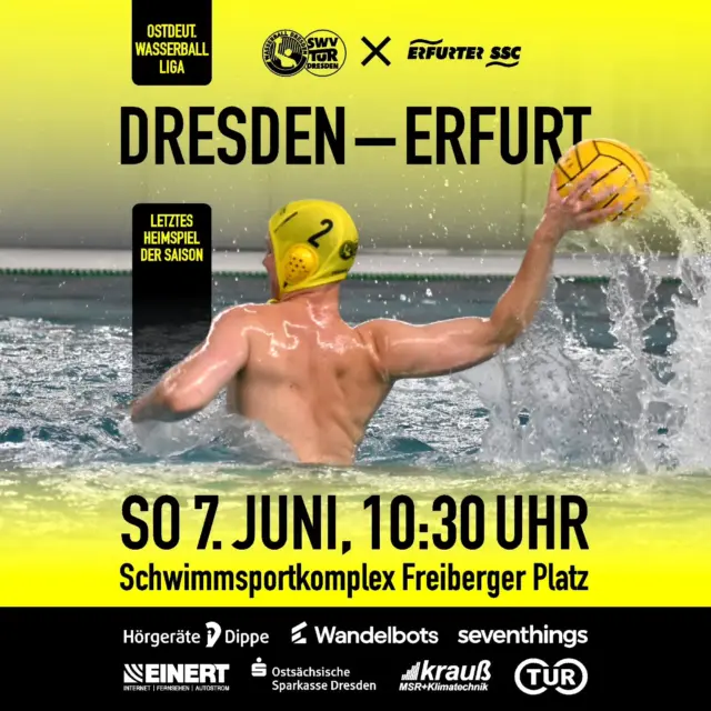 🥁 Beim letzten Heimspiel der Saison 2025/26 sollen noch mal Punkte geholt werden. Kommt vorbei und unterstützt unser Team dabei! Eintritt frei.
#Wasserball #Dresden #Teamplayer